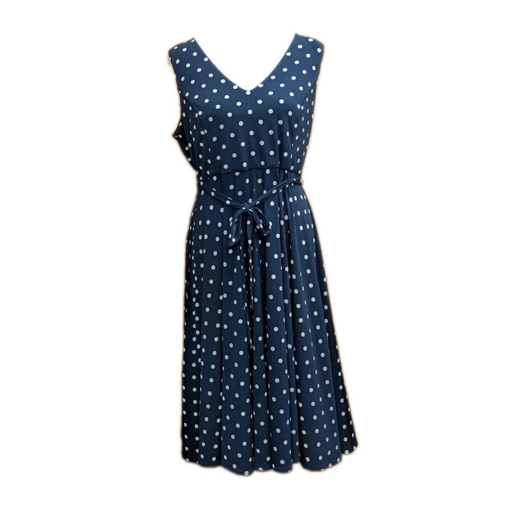 Tommy Hilfiger Women Dress NO SIZE Fit Flare Navy White Polka Dot Workwear Belt